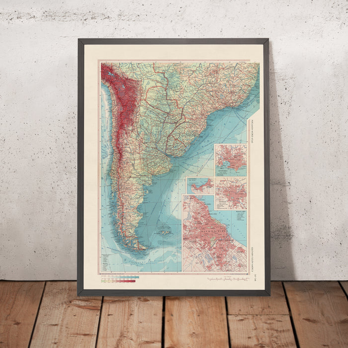 Old Map of Southern South America, 1967: Patagonia, Montevideo, Valparaiso, Santiago, Buenos Aires, and Brasilia