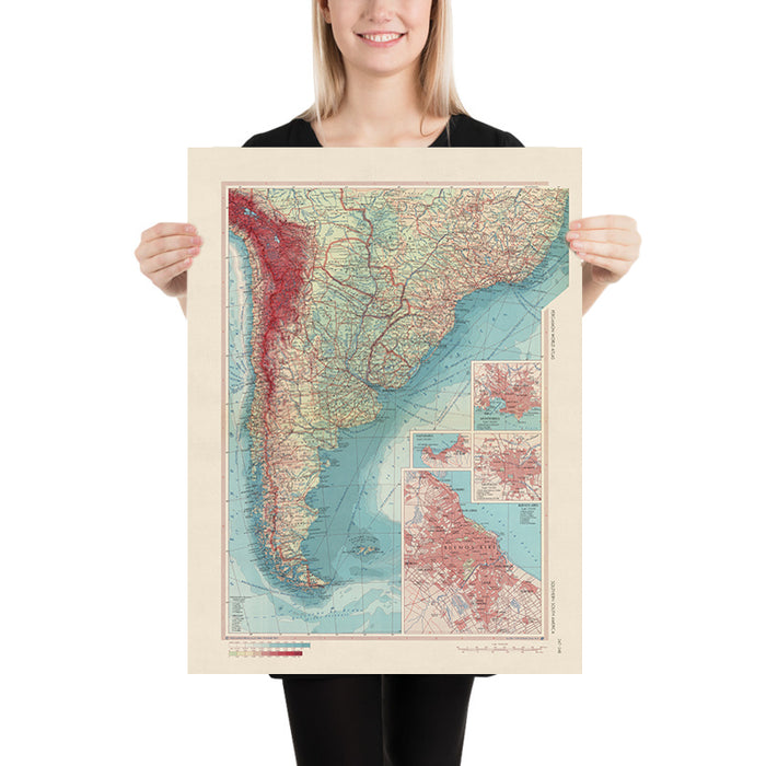 Old Map of Southern South America, 1967: Patagonia, Montevideo, Valparaiso, Santiago, Buenos Aires, and Brasilia