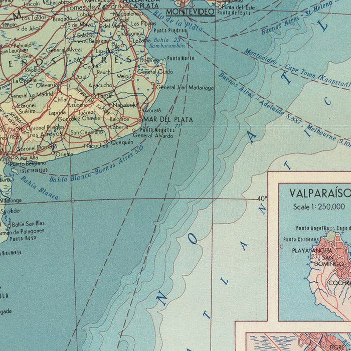 Old Map of Southern South America, 1967: Patagonia, Montevideo, Valparaiso, Santiago, Buenos Aires, and Brasilia