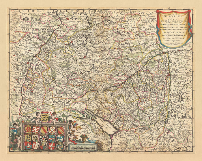 Old Map of Swabian Circle by Visscher, 1690: Stuttgart, Mannheim, Augsburg, Karlsruhe, Strasbourg