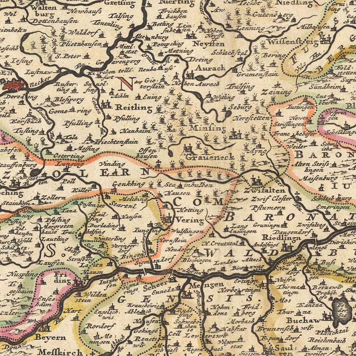 Old Map of Swabian Circle by Visscher, 1690: Stuttgart, Mannheim, Augsburg, Karlsruhe, Strasbourg