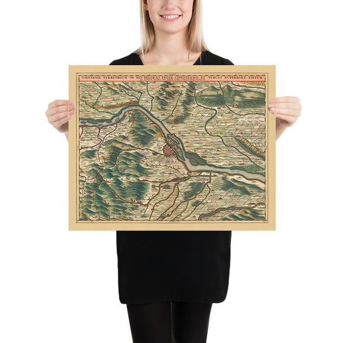 Old Map of Territory around Vienna: Visscher, 1690: Tulln, Schwechat, Klosterneuburg, Baden bei Vien, Lainzer Tiergarten