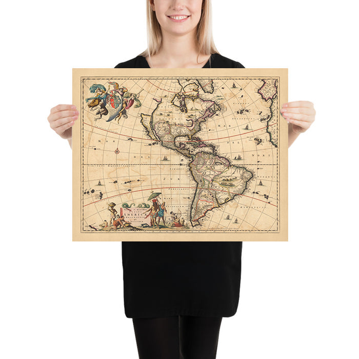 Old Map of the Americas by Visscher, 1690: Central America, Caribbean, Polynesia, Atlantic Islands, Amazon Rainforest