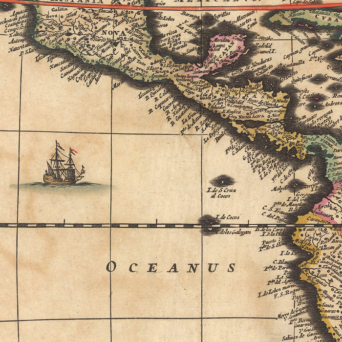Old Map of the Americas by Visscher, 1690: Central America, Caribbean, Polynesia, Atlantic Islands, Amazon Rainforest