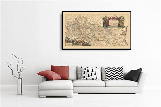 Old Map of the Danube River: Visscher, 1690: Mouth to Source, Vienna, Budapest, Prague, Bucharest, Zagreb