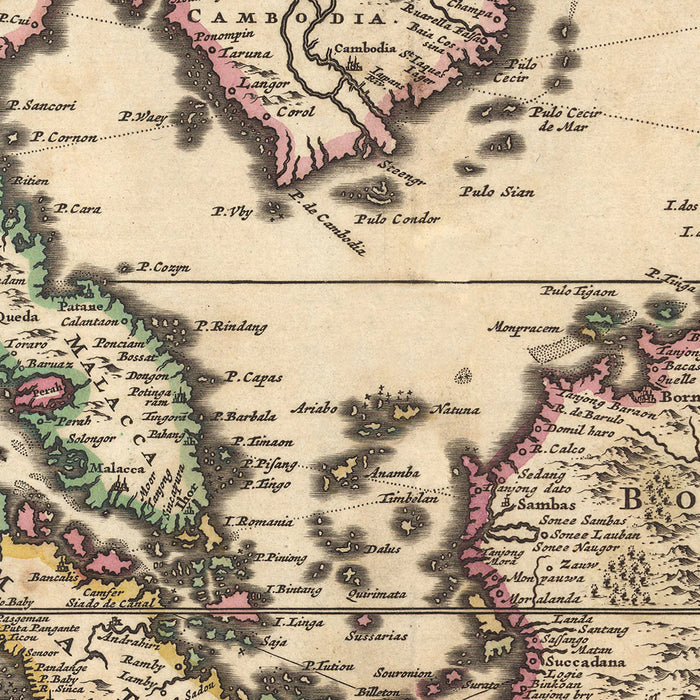 Old Map of the East Indies by Visscher, 1690: Southeast Asia, South Asia, Southern China, Northern Territory, Himalayas