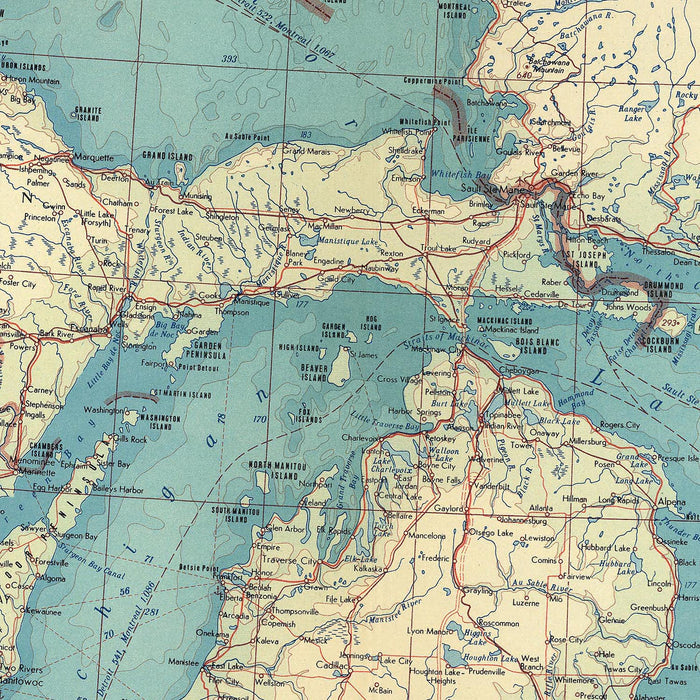 Old Map of the Great Lakes, 1967: Lake Michigan, Lake Huron, Lake Ontario, Lake Erie and Superior.