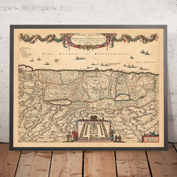 Old Map of the Holy Land by Visscher, 1690: Tribes of Israel, Moses, Jerusalem, Nazareth, West Bank, Haifa, Dead Sea