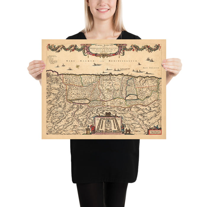 Old Map of the Holy Land by Visscher, 1690: Tribes of Israel, Moses, Jerusalem, Nazareth, West Bank, Haifa, Dead Sea