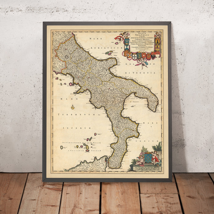 Old Map of the Kingdom of Naples, Italy by Visscher, 1690: Naples, Bari, Messina, Salerno, Parco Nazionale del Gargano