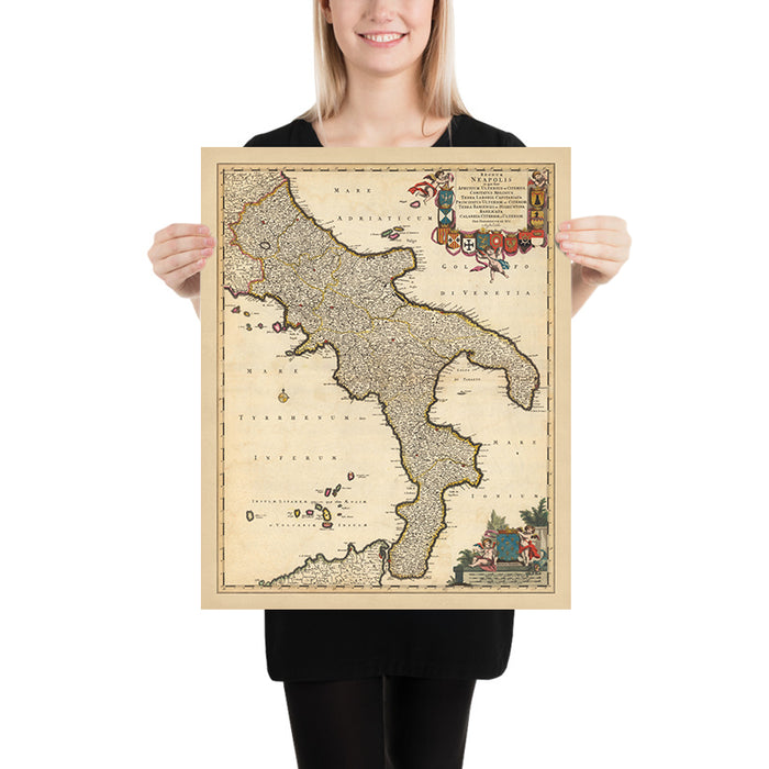 Old Map of the Kingdom of Naples, Italy by Visscher, 1690: Naples, Bari, Messina, Salerno, Parco Nazionale del Gargano