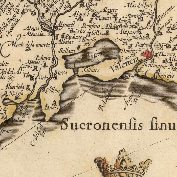 Old Map of the Kingdom of Valencia, Spain by Visscher, 1690: Murcia, Valencia, Alicante, Dénia, Castellón de la Plana
