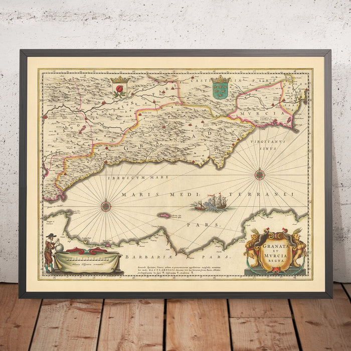 Old Map of the Kingdoms of Granada & Murcia, Spain by Visscher, 1690: Málaga, Gibraltar, Seville, Murcia, Tangier