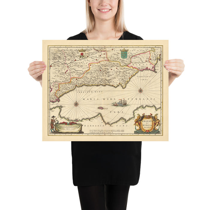 Old Map of the Kingdoms of Granada & Murcia, Spain by Visscher, 1690: Málaga, Gibraltar, Seville, Murcia, Tangier