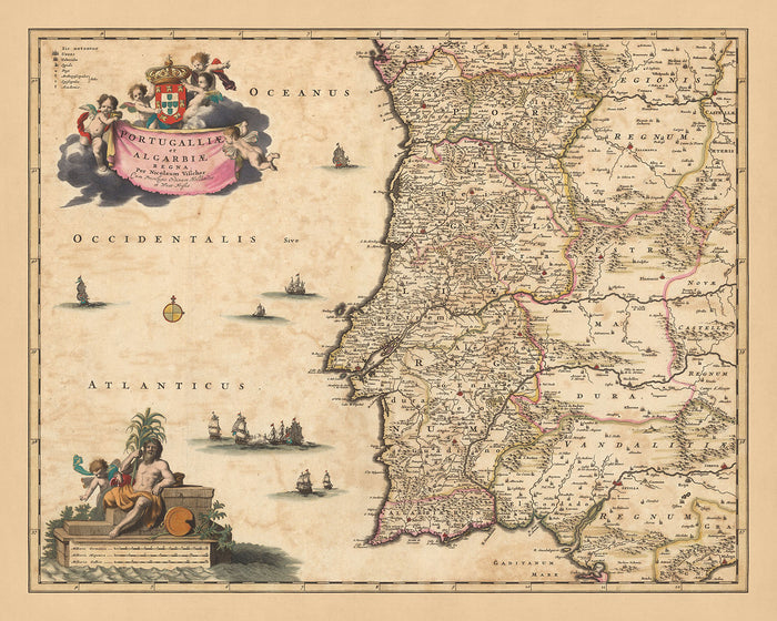 Old Map of the Kingdoms of Portugal & Algarve by Visscher, 1690: Lisbon, Porto, Seville, Salamanca, Serra da Estrela