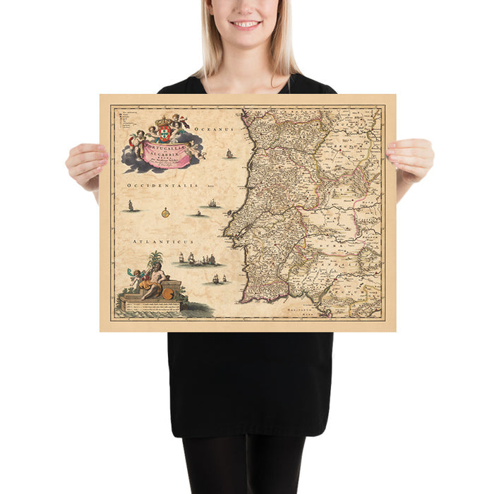 Old Map of the Kingdoms of Portugal & Algarve by Visscher, 1690: Lisbon, Porto, Seville, Salamanca, Serra da Estrela