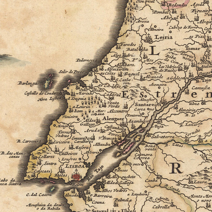 Old Map of the Kingdoms of Portugal & Algarve by Visscher, 1690: Lisbon, Porto, Seville, Salamanca, Serra da Estrela