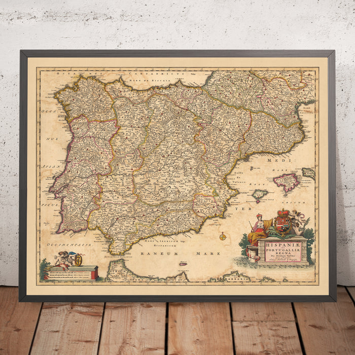 Old Map of the Kingdoms of Spain & Portugal by Visscher, 1690: Madrid, Lisbon, Barcelona, Gibraltar, Porto
