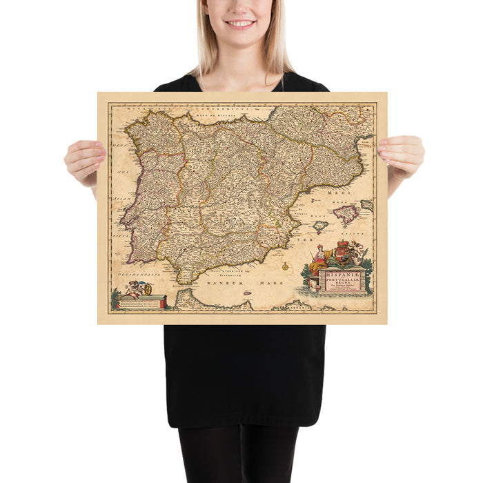 Old Map of the Kingdoms of Spain & Portugal by Visscher, 1690: Madrid, Lisbon, Barcelona, Gibraltar, Porto