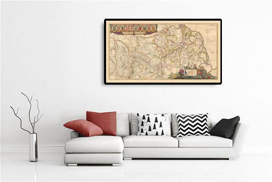 Old Map of the Rhine River by Visscher, 1690: Mouth to Source, Bern, Brussels, Luxembourg, Frankfurt, Cologne