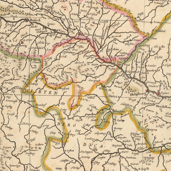 Old Map of the Rhine River by Visscher, 1690: Mouth to Source, Bern, Brussels, Luxembourg, Frankfurt, Cologne