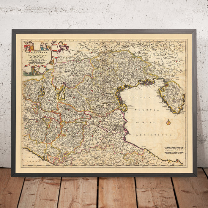 Old Map of the Venetian Dominion by Visscher, 1690: Bologna, Florence, Venice, San Marino, Parco Alto Garda Bresciano