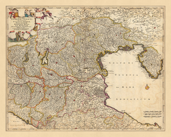 Old Map of the Venetian Dominion by Visscher, 1690: Bologna, Florence, Venice, San Marino, Parco Alto Garda Bresciano