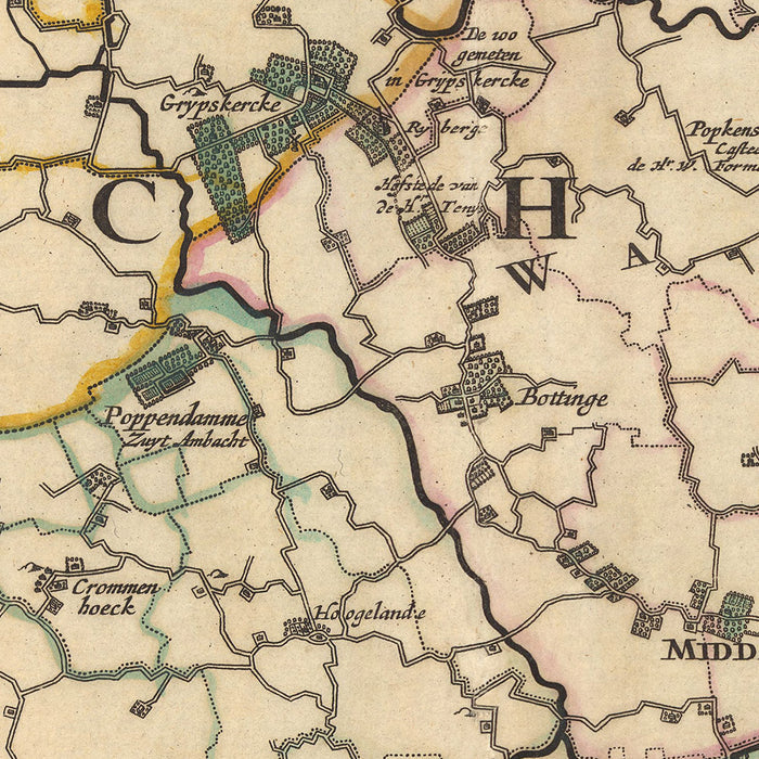 Old Map of Walcheren Island, Zeeland by Visscher, 1690: Middelburg, Vlissingen, Domburg, Veere, Koudekerke