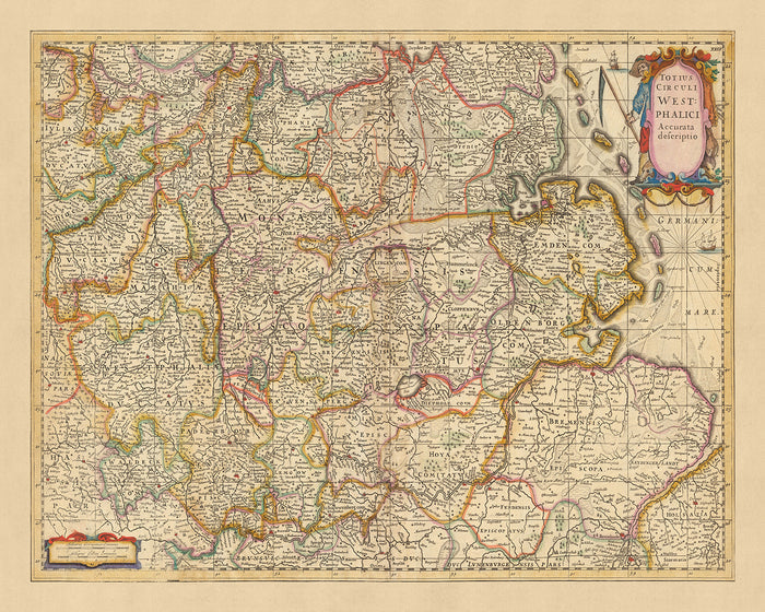 Old Map of Westphalia by Visscher, 1690: Hamburg, Bremen, Hanover, Cologne, Dortmund