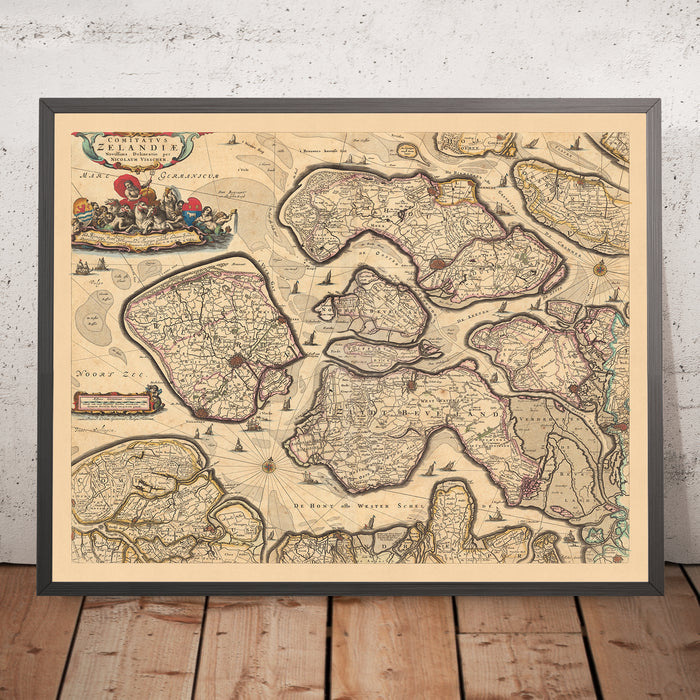 Old Map of Zeeland by Visscher, 1690: Terneuzen, Vlissingen, Bergen op Zoom, Goes, Middelburg
