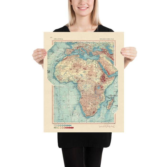 Old Physical Map of Africa, 1967: Mountains, Plains, Lakes, Snapshot of Africa During Independence Era