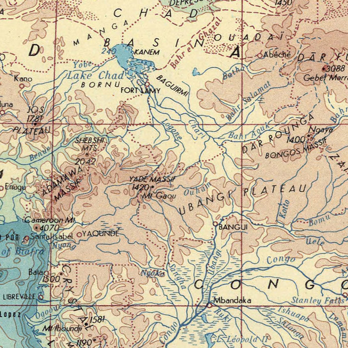 Old Physical Map of Africa, 1967: Mountains, Plains, Lakes, Snapshot of Africa During Independence Era