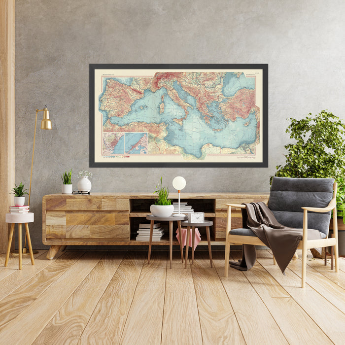 Old World Map of the Mediterranean Sea & Countries, 1967: From Gibraltar to Israel