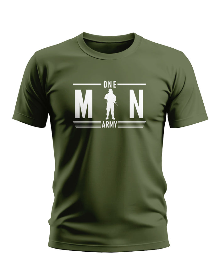 Olive green men's t-shirt with 'One Man Army' and soldier graphic, front view.