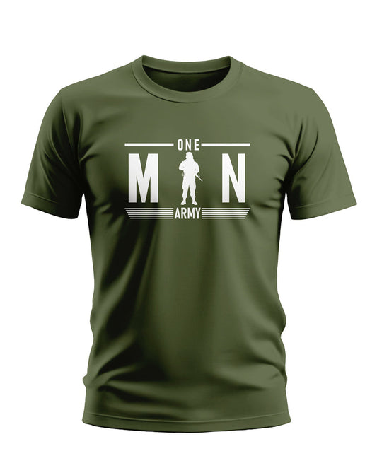 Olive green men's t-shirt with 'One Man Army' and soldier graphic, front view.