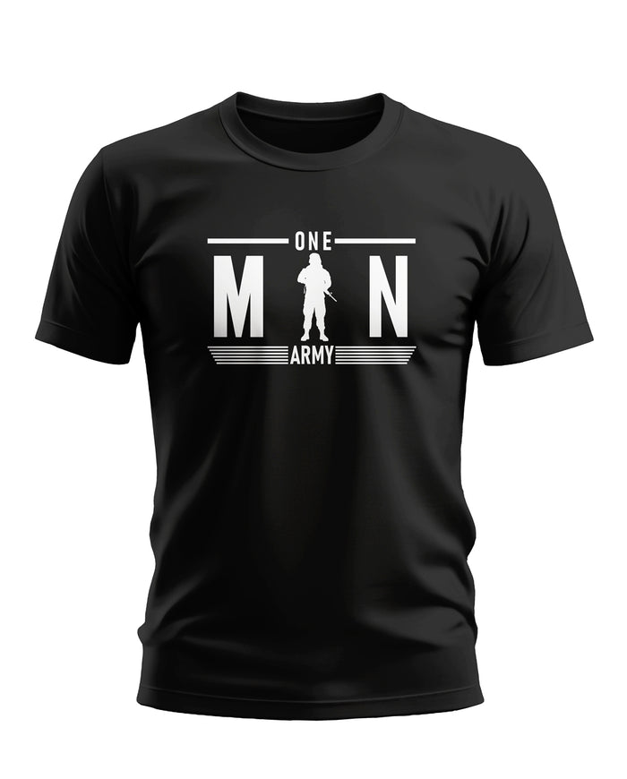 Black men's t-shirt with 'One Man Army' soldier graphic in bold white text