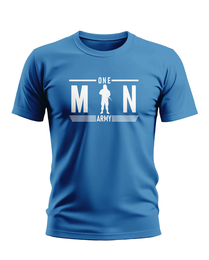 Blue men's t-shirt with 'One Man Army' and soldier graphic in white print