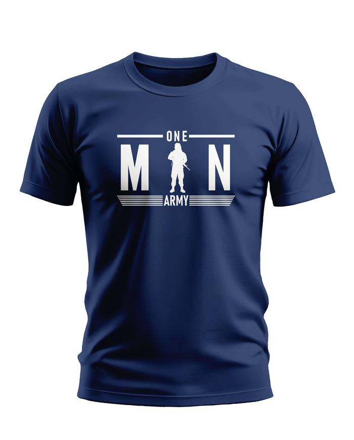 Navy blue men's t-shirt with 'One Man Army' and soldier graphic in white print