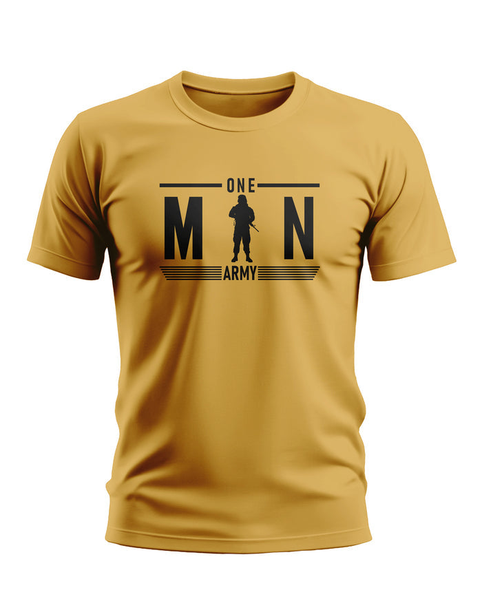 Yellow men's t-shirt with 'One Man Army' and soldier graphic, army-inspired fashion