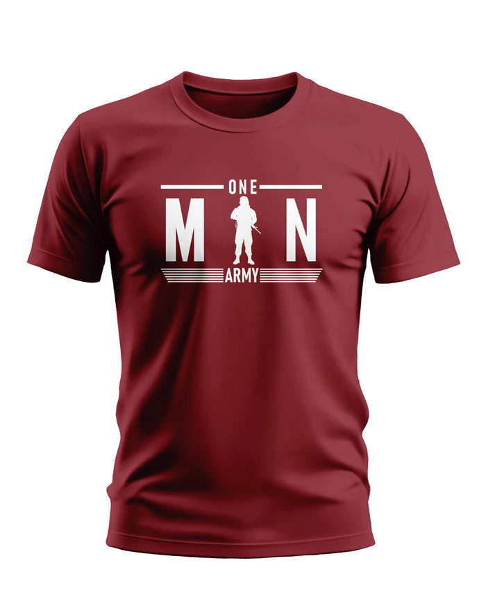 Maroon men's t-shirt with 'One Man Army' slogan and soldier silhouette graphic print