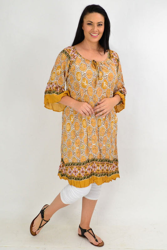 Mustard crinkle tie tunic dress by Hourglass, featuring a relaxed fit with a tie waist and long sleeves.