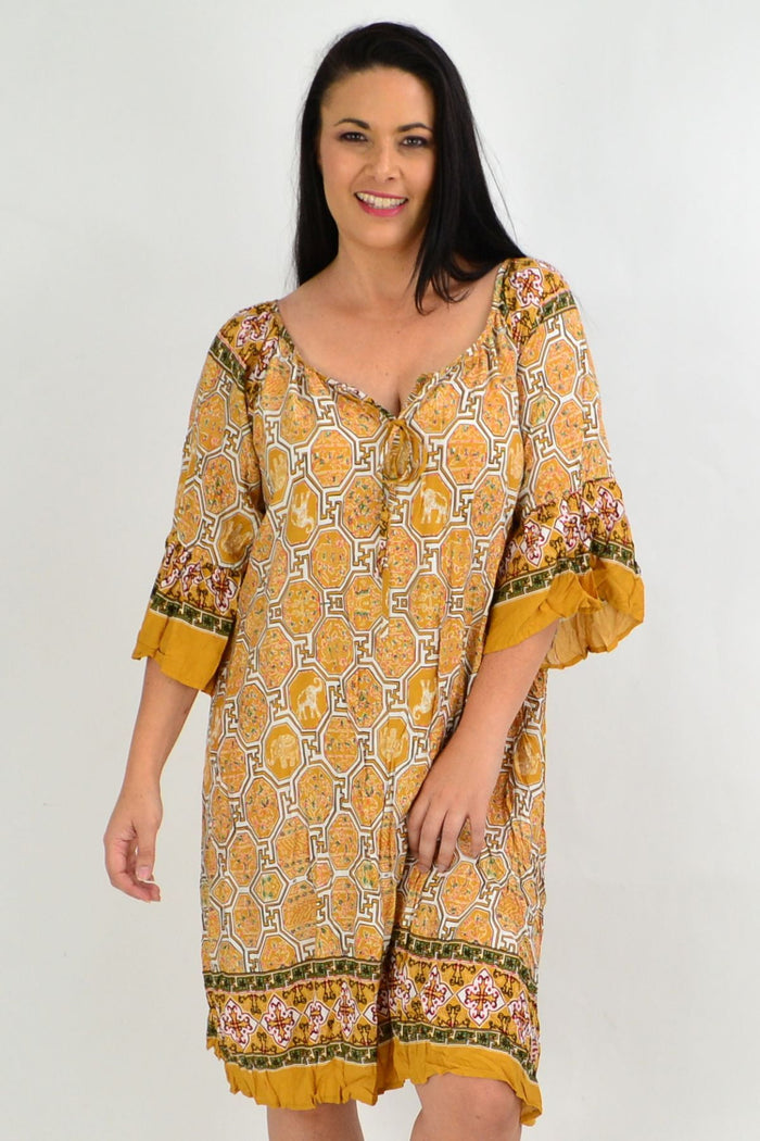 Mustard Oriental Mustard Crinkle Tie Tunic Dress by Hourglass, featuring a crinkled fabric and tie-front design.