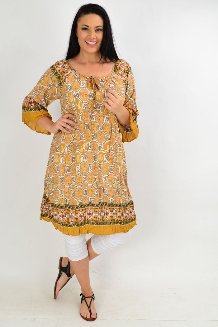 Mustard crinkle tie tunic dress from Hourglass featuring a relaxed fit and stylish design, perfect for casual or semi-formal wear.