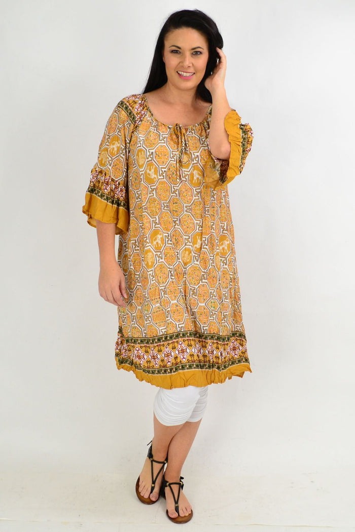 Mustard crinkle tie tunic dress from Hourglass, featuring a relaxed fit and elegant design, perfect for casual or dressy occasions.