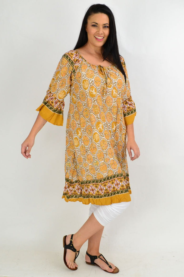 Mustard Oriental Mustard Crinkle Tie Tunic Dress by Hourglass, featuring a relaxed fit and stylish tie detail.