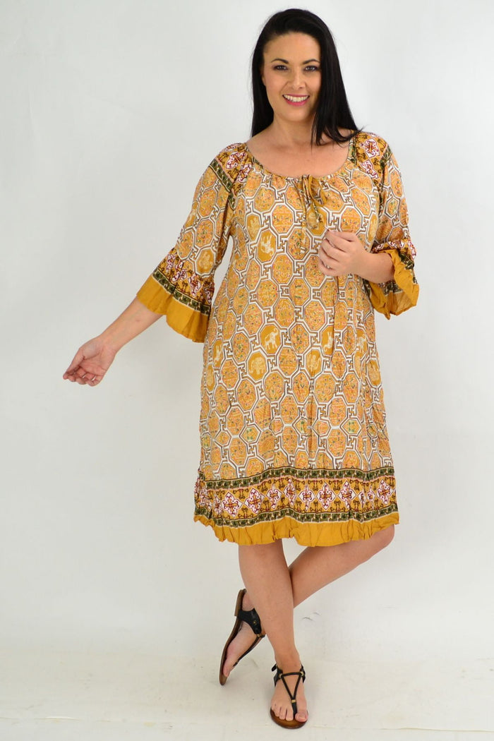 Mustard crinkle tie tunic dress by Hourglass, stylish and comfortable lightweight tunic for casual wear.