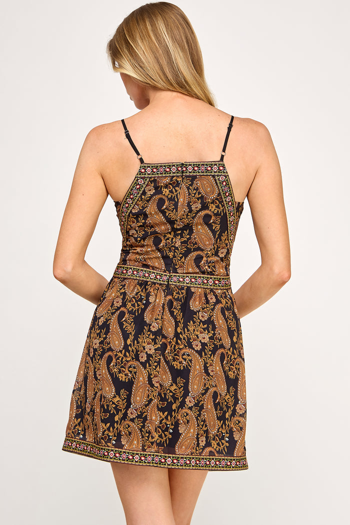 Paisley Mini Dress - Floral Tape Chiffon V Neck - SALE