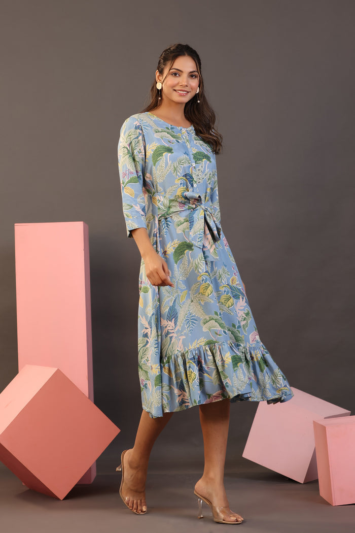 Palm Leaves on Light Blue MIDI Cotton Dress