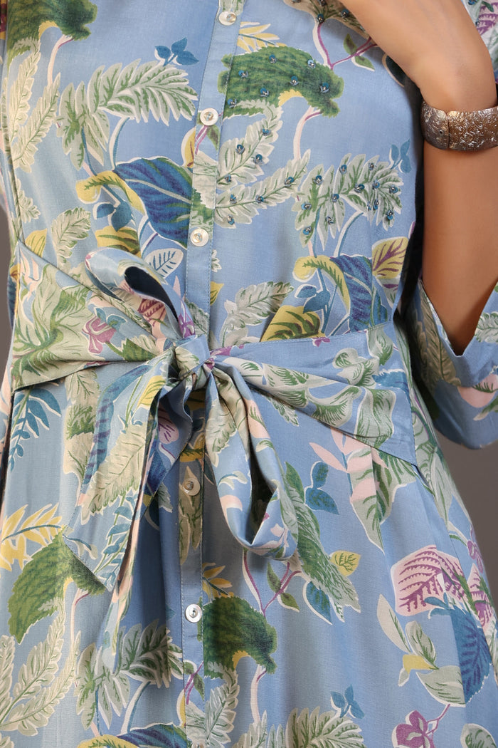 Palm Leaves on Light Blue MIDI Cotton Dress