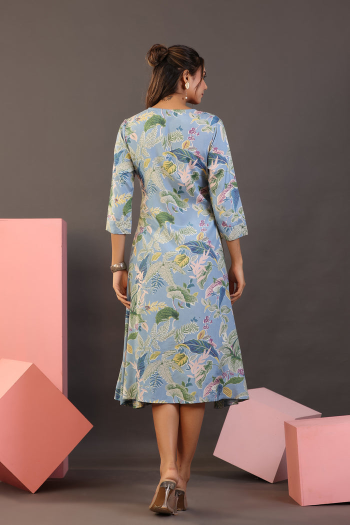 Palm Leaves on Light Blue MIDI Cotton Dress